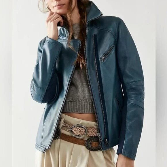 Free People Cora Leather Moto Jacket Size XS Blue NWT $498 - Picture 1 of 6